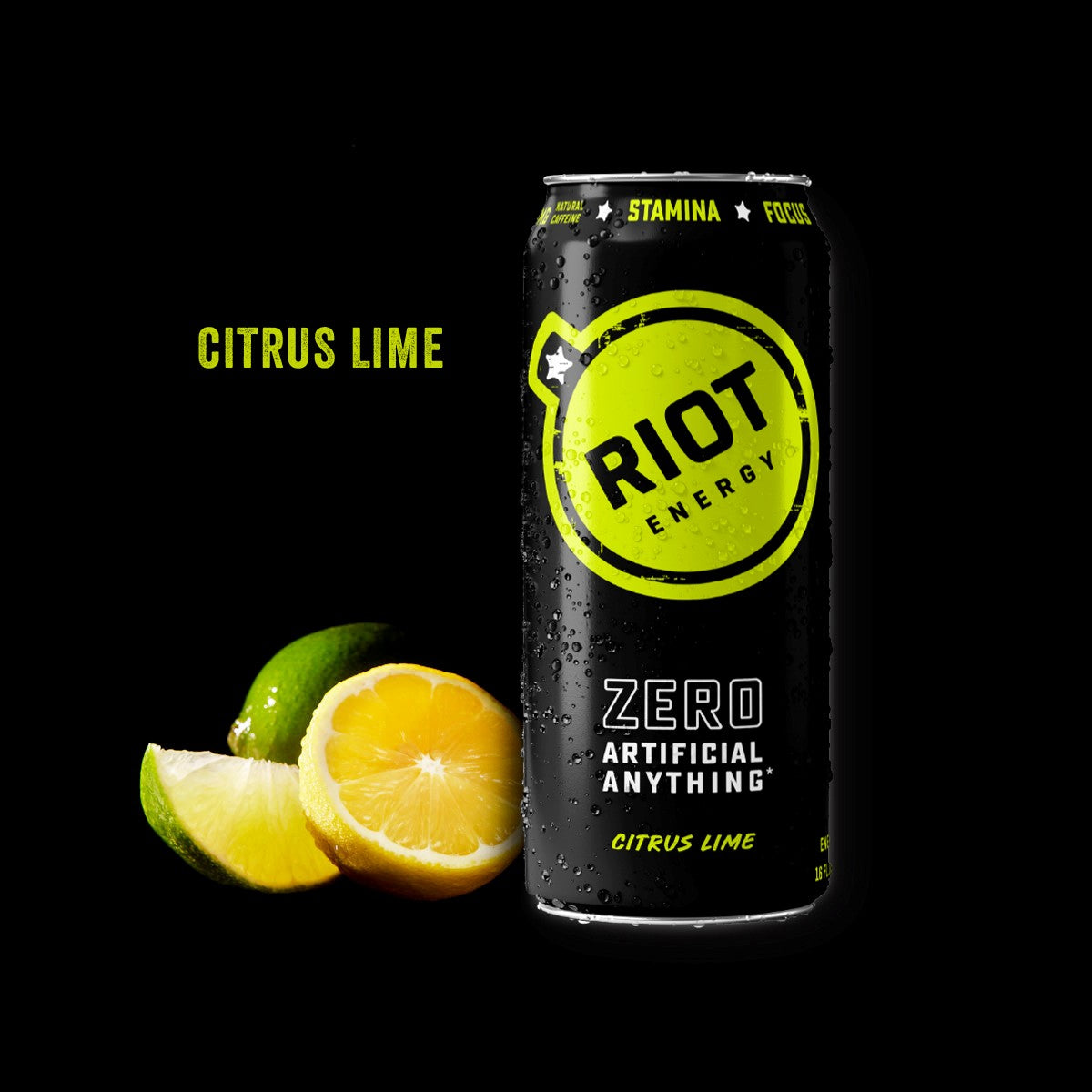 A can of Riot Citrus Lime Energy drink in Citrus Lime flavor, shown on a black background with lime and lemon slices beside it. The can is black with a bright lime-green circular logo and white text that reads "Zero Artificial Anything".