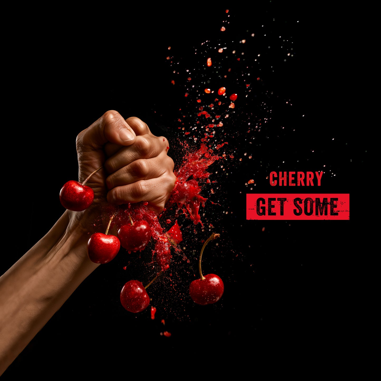 A clenched hand smashing red cherries against a black background, with red splatter and the text 'CHERRY GET SOME' on the right.
