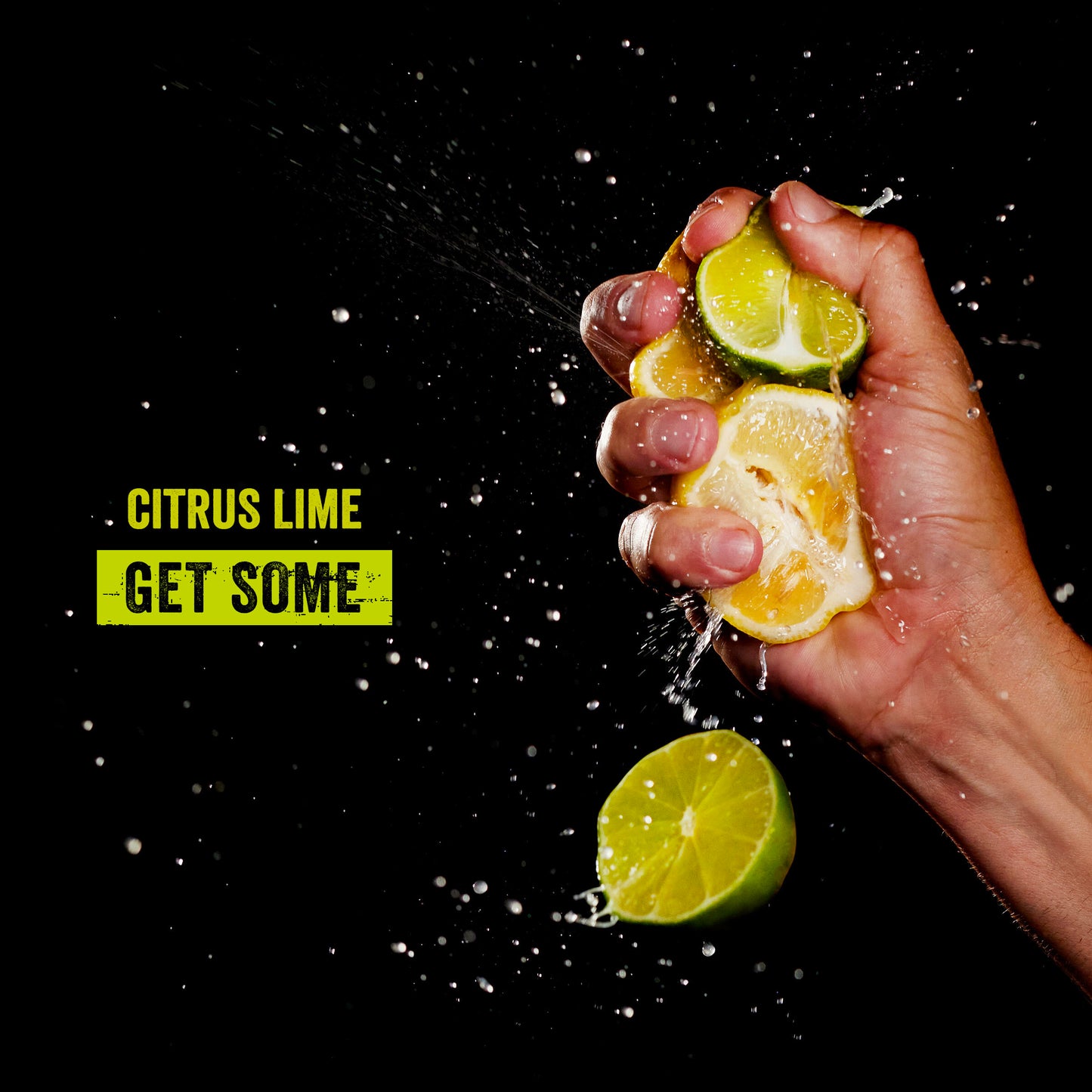 A hand squeezing a halved citrus lime, with juice splashing against a black background. The text 'CITRUS LIME' and 'GET SOME' appears on the left in bright yellow-green lettering.