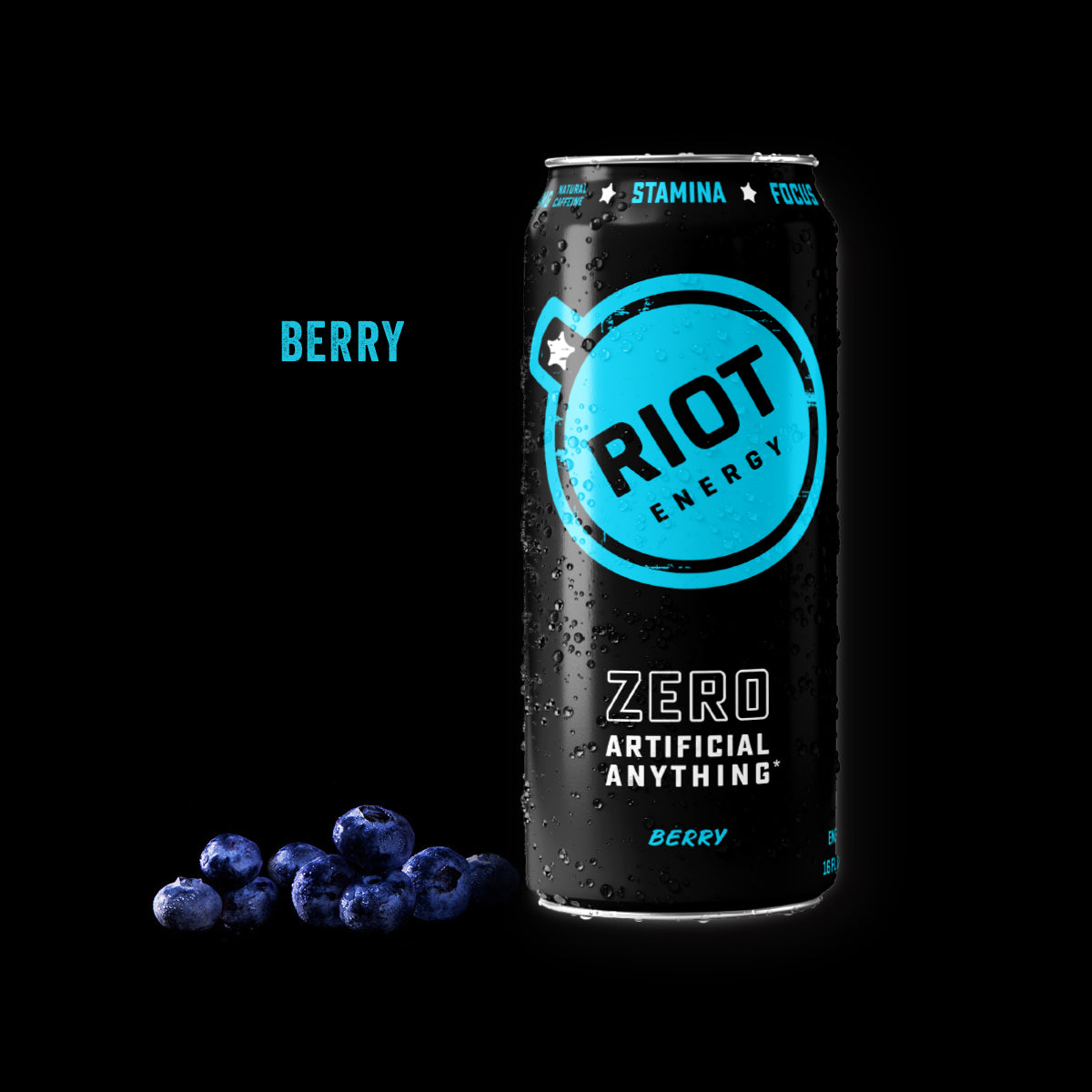 A single can of Riot Berry Energy Drink with copy that reads: "Zero Artificial Anything" The can is on a black background, with blueberries and the word 'BERRY' shown beside it.