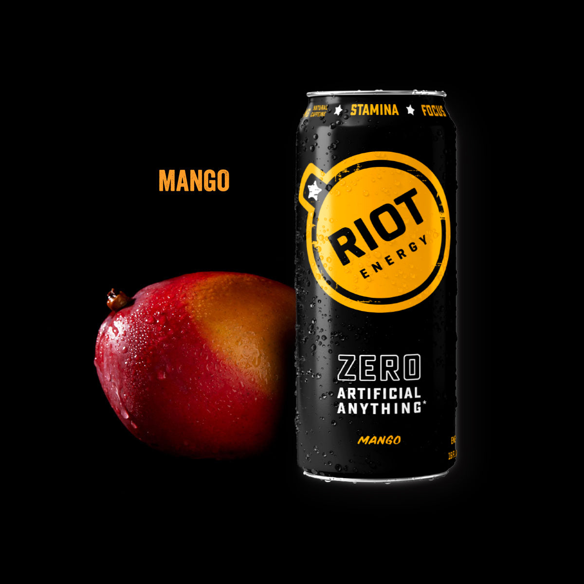 A black can of Riot Mango Energy Drink with a large yellow logo, shown next to a fresh mango on a black background. The word 'MANGO' is printed in yellow on the left.