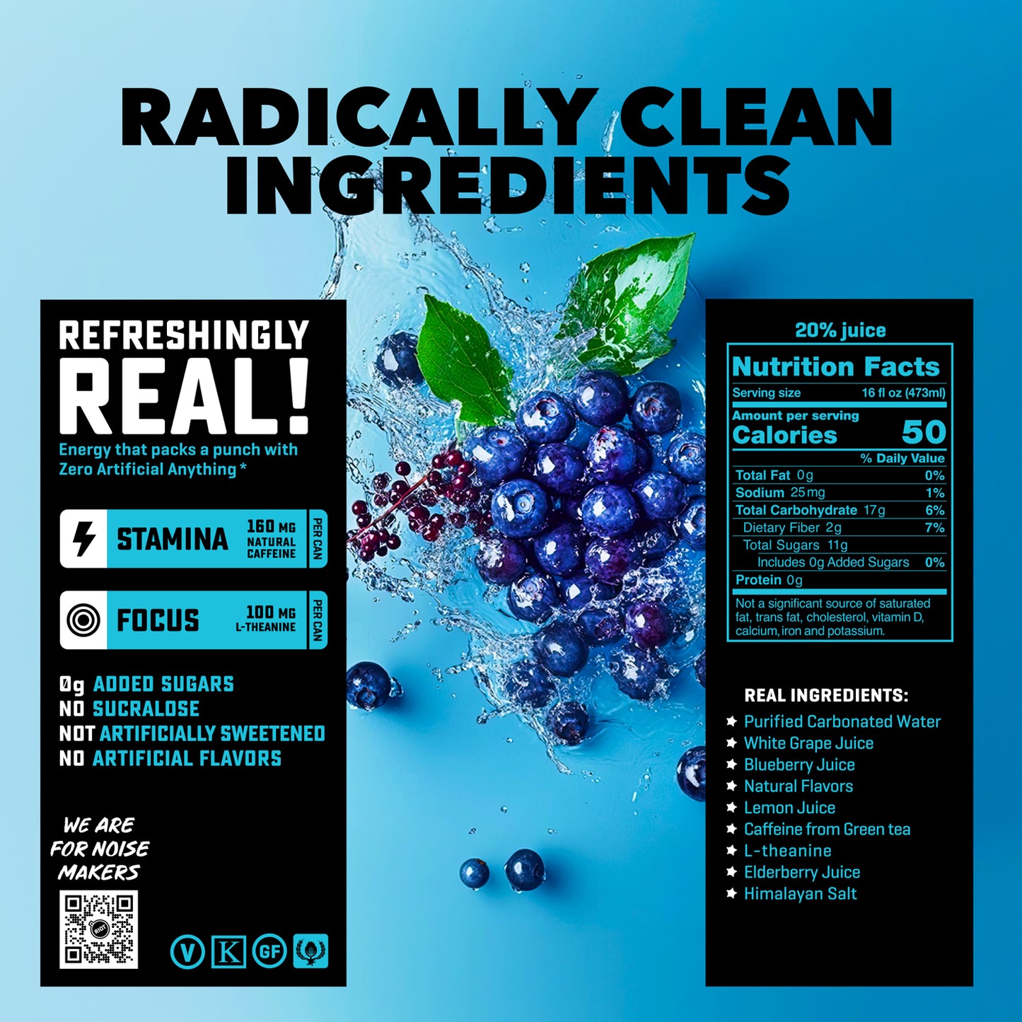 
                  
                    Promotional graphic for a beverage product with the headline 'RADICALLY CLEAN INGREDIENTS' on a bright blue background. A large splash of blueberries and green leaves appears in the center, flanked by two black informational panels showing flavor claims and a nutrition facts label.

Ingredients include: Purified Carbonated Water, White Grape Juice, Blueberry Juice, Natural Flavors, Lemon Juice, Caffeine from Green Tea, L-Theanine, Elderberry Juice, and Himalayan Salt.
                  
                