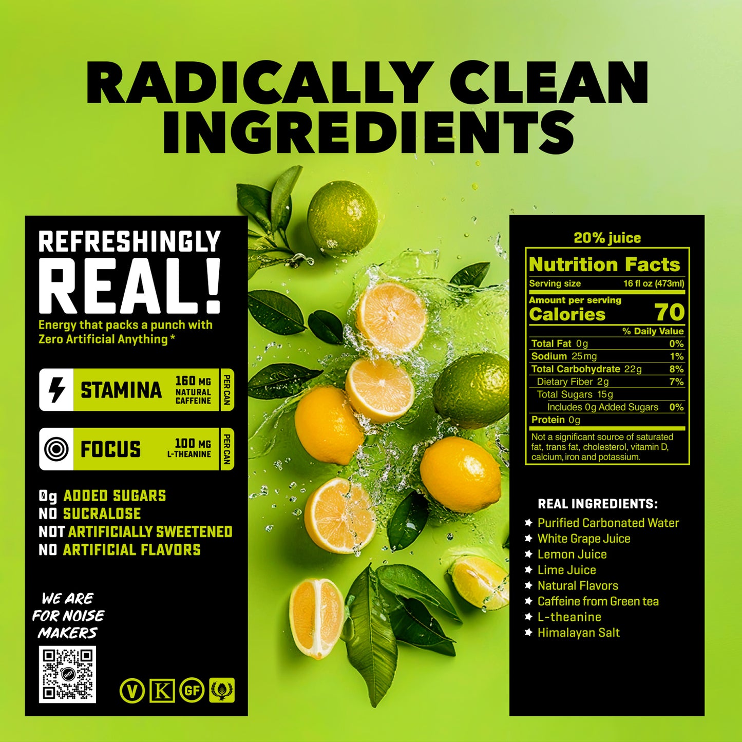 
                  
                    A promotional graphic for a citrus-flavored beverage or juice product on a bright lime-green background. Large black text reads 'RADICALLY CLEAN INGREDIENTS'.

The Nutrition Facts label shows ingredients contain:Ingredients include: Purified Carbonated Water, White Grape  Juice, Lemon Juice, Lime Juice, Natural Flavors, Caffeine from Green Tea, L-Theanine and Himalayan Salt.
                  
                