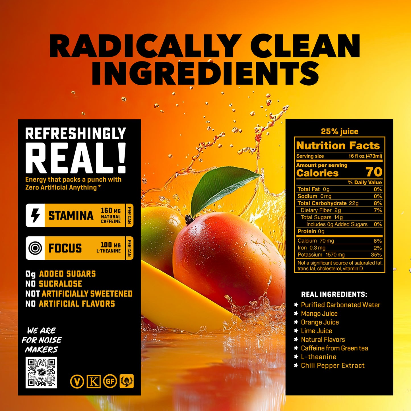 
                  
                    A promotional graphic for a beverage product with a large orange gradient background, a central mango and lime splash, and two black panels showing marketing text and a nutrition facts label. The headline reads 'RADICALLY CLEAN INGREDIENTS.

The subheadline reads "Energy that packs a punch with Zero Artificial Anything". 

Ingredients include: Purified Carbonated Water, Mango Juice, Orange Juice, Lime Juice, Natural Flavors, Caffeine from Green Tea, L-Theanine and Chili Pepper Extract.
                  
                