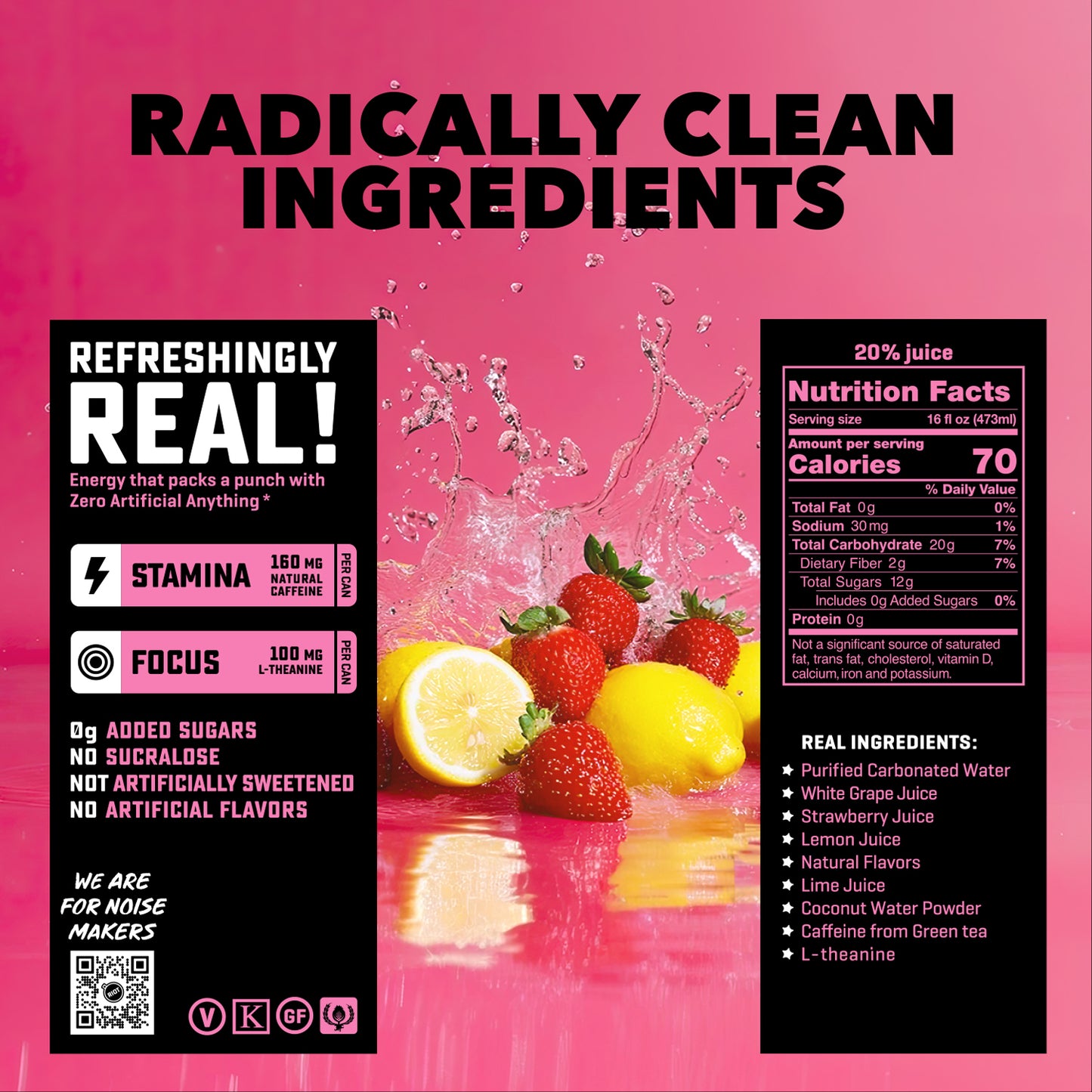 
                  
                    A pink and black juice label design with the headline 'RADICALLY CLEAN INGREDIENTS' at the top. The graphic includes a fruit splash photo with strawberries, lemons, and water splashes, plus black panels showing claims like 'Refreshingly Real!' and a nutrition facts box.
                  
                
